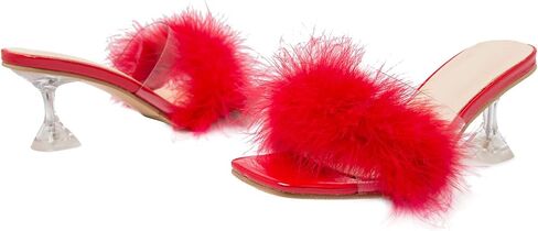 Heiyom Women's Square Toe High Stilettos Heels Mules Sandals Fluffy Feather Slip on Clear High Heels Wedding Bridal Party Dress Shoes in Kuwait
