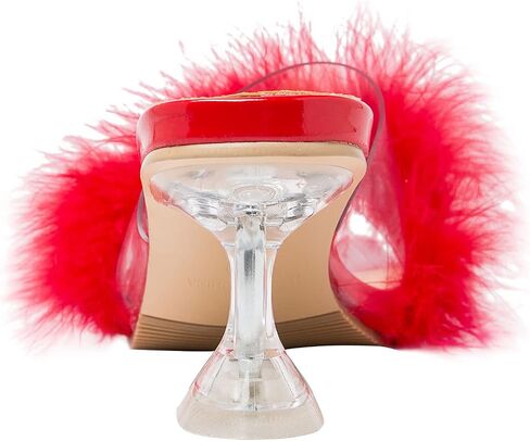 Heiyom Women's Square Toe High Stilettos Heels Mules Sandals Fluffy Feather Slip on Clear High Heels Wedding Bridal Party Dress Shoes in Kuwait