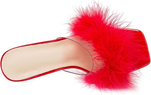 Heiyom Women's Square Toe High Stilettos Heels Mules Sandals Fluffy Feather Slip on Clear High Heels Wedding Bridal Party Dress Shoes in Kuwait