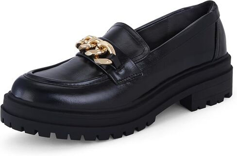 SHOBOO Women's Chunky Heeled Loafers with Gold Chain Trim - Slip-On Rubber Sole Shoes for Formal and Casual Wear in Saudi Arabia