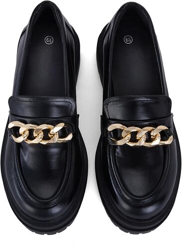 SHOBOO Women's Chunky Heeled Loafers with Gold Chain Trim - Slip-On Rubber Sole Shoes for Formal and Casual Wear in Saudi Arabia