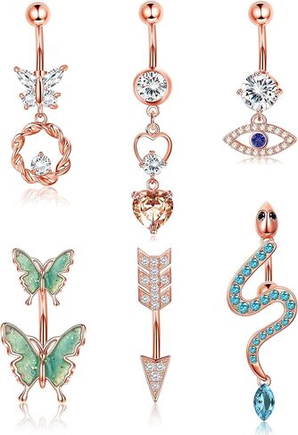 dochais البطن زر الدائري، حلقات البطن الفولاذ الجراحية للنساء الفولاذ المقاوم للصدأ تتدلى تألق تشيكوسلوفاكيا البطن ثقب المجوهرات فراشة ثعبان عين الشر السهم ثقب المجوهرات الذهب in Kuwait