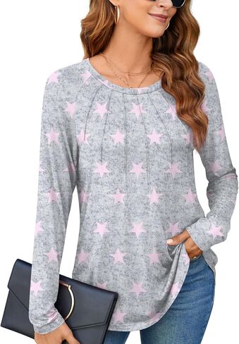 Anyhold Womens Fall Long Sleeve Tunic Tops for Leggings Casual Loose Fit Dressy Blouses Fashion Pleated Shirts in Kuwait