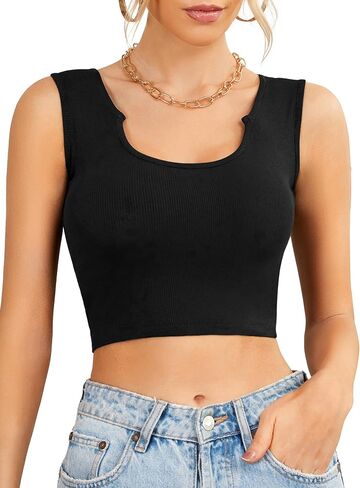 LYANER Women's Deep Notch Neck Sleeveless Ribbed Bodycon Crop Tops Cami Tank in Saudi Arabia