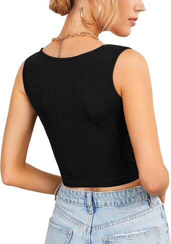 LYANER Women's Deep Notch Neck Sleeveless Ribbed Bodycon Crop Tops Cami Tank in Saudi Arabia