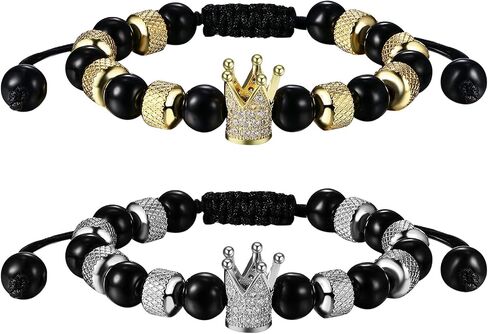 Crown King and Queen Beaded Bracelets for Couples, Adjustable Handmade Braided Black Onxy Stone Beads Link Bracelet for Men Women Valentines in Saudi Arabia