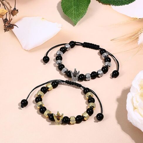 Crown King and Queen Beaded Bracelets for Couples, Adjustable Handmade Braided Black Onxy Stone Beads Link Bracelet for Men Women Valentines in Saudi Arabia