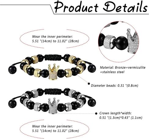 Crown King and Queen Beaded Bracelets for Couples, Adjustable Handmade Braided Black Onxy Stone Beads Link Bracelet for Men Women Valentines in Saudi Arabia