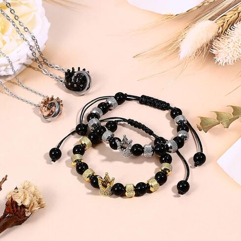 Crown King and Queen Beaded Bracelets for Couples, Adjustable Handmade Braided Black Onxy Stone Beads Link Bracelet for Men Women Valentines in Saudi Arabia
