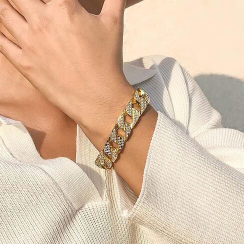 DAILI 14K أساور الذهب للرجال، سوار الارتباط الكوبي للرجال 8 بوصة طول تشيكوسلوفاكيا الهيب هوب سوار سلسلة سوار مثلج خارج الكوبي الفولاذ المقاوم للصدأ سوار 14 مم عرض 6 مم سمك in Kuwait