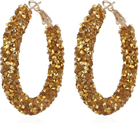 Bohemian Shiny Glitter Sequins Hoop Earrings Wrapped Gold Plated Circle Statement Rhinestone Dangle Drop Earrings for Women Girls Boho in Kuwait