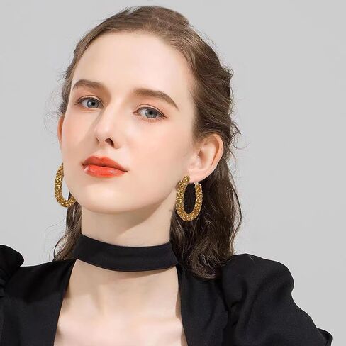 Bohemian Shiny Glitter Sequins Hoop Earrings Wrapped Gold Plated Circle Statement Rhinestone Dangle Drop Earrings for Women Girls Boho in Kuwait