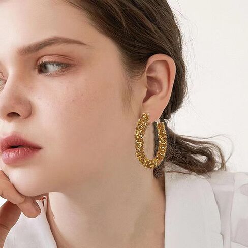 Bohemian Shiny Glitter Sequins Hoop Earrings Wrapped Gold Plated Circle Statement Rhinestone Dangle Drop Earrings for Women Girls Boho in Kuwait