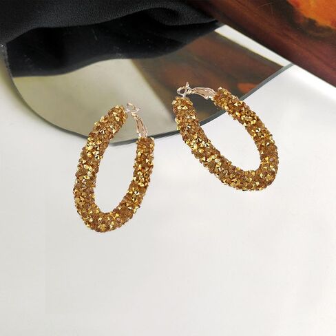 Bohemian Shiny Glitter Sequins Hoop Earrings Wrapped Gold Plated Circle Statement Rhinestone Dangle Drop Earrings for Women Girls Boho in Kuwait