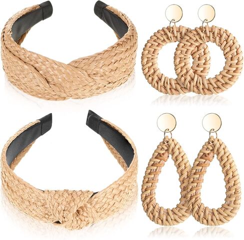 مجموعة من 4 قطع من عصابات الرأس المعقودة من القش مجموعة أقراط راتان ، واسعة ملفوفة عقدة عصابة رأس مصنوعة يدوياً أقراط بوهو هوب أقراط صيفية للنساء الفتيات الشاطئ عطلة تصميم أزياء in Kuwait