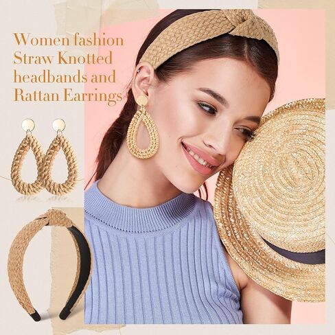مجموعة من 4 قطع من عصابات الرأس المعقودة من القش مجموعة أقراط راتان ، واسعة ملفوفة عقدة عصابة رأس مصنوعة يدوياً أقراط بوهو هوب أقراط صيفية للنساء الفتيات الشاطئ عطلة تصميم أزياء in Kuwait