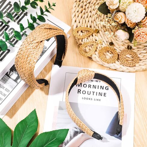 مجموعة من 4 قطع من عصابات الرأس المعقودة من القش مجموعة أقراط راتان ، واسعة ملفوفة عقدة عصابة رأس مصنوعة يدوياً أقراط بوهو هوب أقراط صيفية للنساء الفتيات الشاطئ عطلة تصميم أزياء in Kuwait