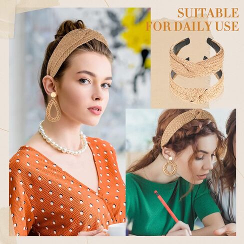 مجموعة من 4 قطع من عصابات الرأس المعقودة من القش مجموعة أقراط راتان ، واسعة ملفوفة عقدة عصابة رأس مصنوعة يدوياً أقراط بوهو هوب أقراط صيفية للنساء الفتيات الشاطئ عطلة تصميم أزياء in Kuwait