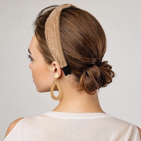 مجموعة من 4 قطع من عصابات الرأس المعقودة من القش مجموعة أقراط راتان ، واسعة ملفوفة عقدة عصابة رأس مصنوعة يدوياً أقراط بوهو هوب أقراط صيفية للنساء الفتيات الشاطئ عطلة تصميم أزياء in Kuwait