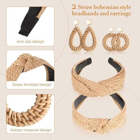 مجموعة من 4 قطع من عصابات الرأس المعقودة من القش مجموعة أقراط راتان ، واسعة ملفوفة عقدة عصابة رأس مصنوعة يدوياً أقراط بوهو هوب أقراط صيفية للنساء الفتيات الشاطئ عطلة تصميم أزياء in Kuwait
