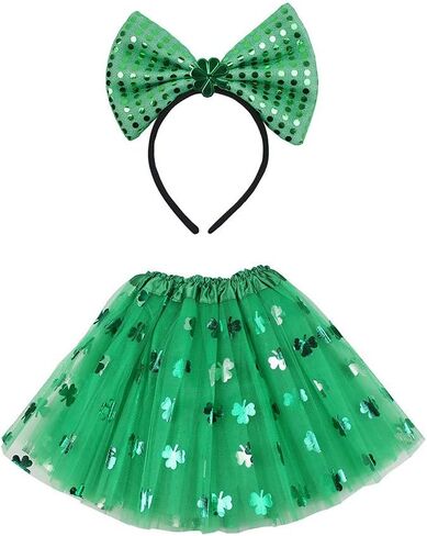 St. Patrick's Party Headband Hair Hoop and Veil Decorative Skirt Set, Green bow Headband Hair Band With Sequins Glitter Shamrock Clover Four leaf clover Hair Accessories Headdress for St. in Kuwait