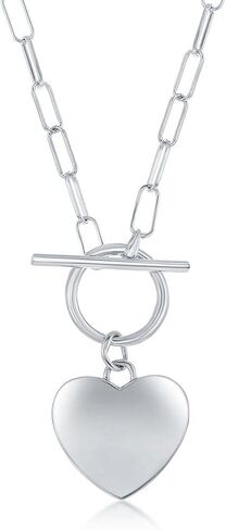Beaux Bijoux Paperclip Link Chain Design with Shiny Heart 17" Toggle Necklace Sterling Silver Jewelry for Women or Teens Made in Italy in Saudi Arabia