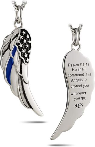 Stainless Steel Angel Wing-Thin Blue Line Necklace -Ps 91:11 in Kuwait