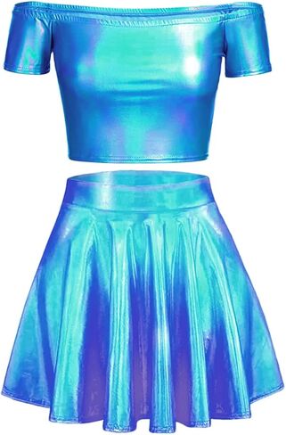 طقم ملابس نسائي من SFBBCLOZ للمهرجانات 2 قطعة بكتف واحد معدني تنورة طويلة EDM ملابس نادي الهذيان in Kuwait