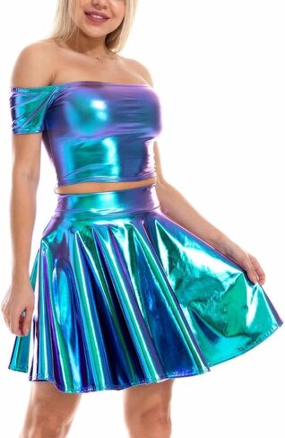 طقم ملابس نسائي من SFBBCLOZ للمهرجانات 2 قطعة بكتف واحد معدني تنورة طويلة EDM ملابس نادي الهذيان in Kuwait