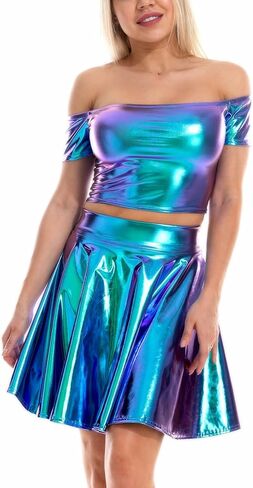 طقم ملابس نسائي من SFBBCLOZ للمهرجانات 2 قطعة بكتف واحد معدني تنورة طويلة EDM ملابس نادي الهذيان in Kuwait