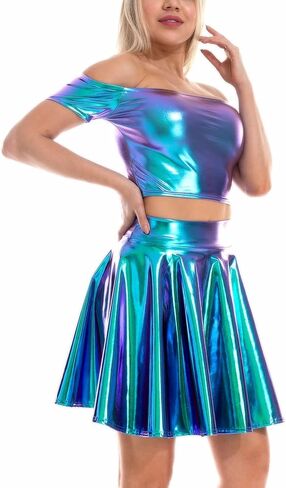 طقم ملابس نسائي من SFBBCLOZ للمهرجانات 2 قطعة بكتف واحد معدني تنورة طويلة EDM ملابس نادي الهذيان in Kuwait