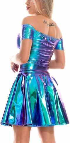 طقم ملابس نسائي من SFBBCLOZ للمهرجانات 2 قطعة بكتف واحد معدني تنورة طويلة EDM ملابس نادي الهذيان in Kuwait