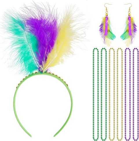 Yookat 8 Pieces Mardi Gras Outfits Mardi Gras Costume Accessories Mardi Gras Headband Earrings Beads Necklace for Women in Kuwait