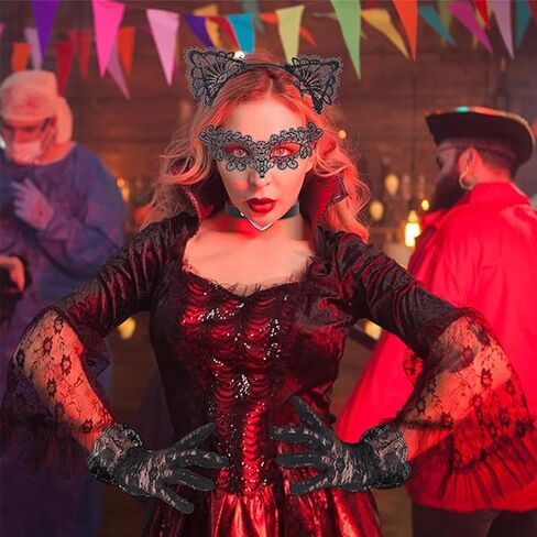 إكسسوارات زي القطة السوداء، قناع دانتيل، عصابة رأس للقطط، قفازات، قلادة وذيل in Kuwait