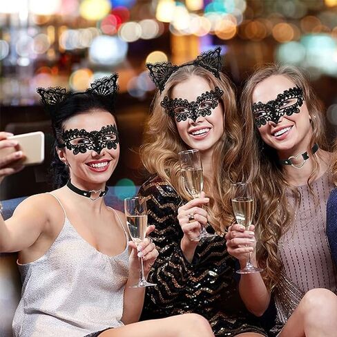 إكسسوارات زي القطة السوداء، قناع دانتيل، عصابة رأس للقطط، قفازات، قلادة وذيل in Kuwait