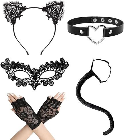 إكسسوارات زي القطة السوداء، قناع دانتيل، عصابة رأس للقطط، قفازات، قلادة وذيل in Kuwait