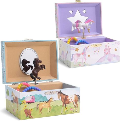 صندوق تخزين المجوهرات الموسيقية للفتيات من Jewelkeeper مع حصان دوار، حزمة تصميم الحظيرة مع صندوق تخزين المجوهرات الموسيقية مع وحيد القرن الدوار، تصميم قوس قزح لامع ونجوم in Kuwait