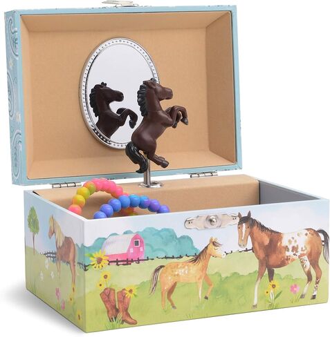 صندوق تخزين المجوهرات الموسيقية للفتيات من Jewelkeeper مع حصان دوار، حزمة تصميم الحظيرة مع صندوق تخزين المجوهرات الموسيقية مع وحيد القرن الدوار، تصميم قوس قزح لامع ونجوم in Kuwait