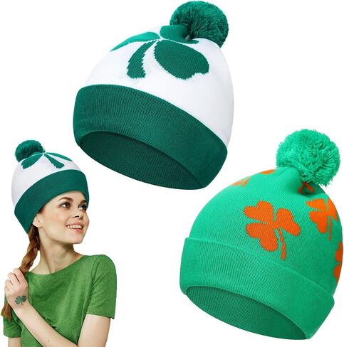 Vinsatin 2 Pcs St Patrick's Day Hats Irish Shamrock Beanie Hat Shamrock Winter Hat Green Cap St Patricks Accessories for Kids Women Men in Saudi Arabia