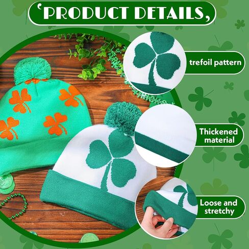 Vinsatin 2 Pcs St Patrick's Day Hats Irish Shamrock Beanie Hat Shamrock Winter Hat Green Cap St Patricks Accessories for Kids Women Men in Saudi Arabia