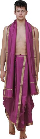 Dhoti and Angavastram Set with Golden Woven Paisley on Border in Saudi Arabia