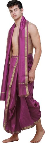 Dhoti and Angavastram Set with Golden Woven Paisley on Border in Saudi Arabia