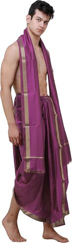 Dhoti and Angavastram Set with Golden Woven Paisley on Border in Saudi Arabia
