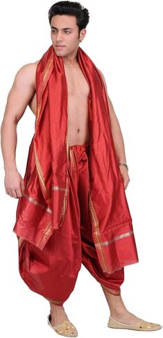 Dhoti and Angavastram Set with Golden Woven Paisley on Border in Saudi Arabia