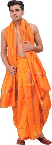 Dhoti and Angavastram Set with Golden Woven Paisley on Border in Saudi Arabia