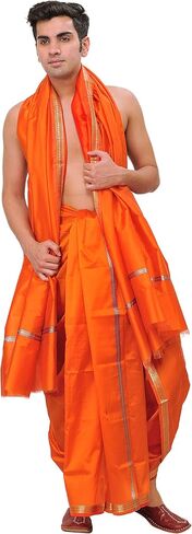 Dhoti and Angavastram Set with Golden Woven Paisley on Border in Saudi Arabia