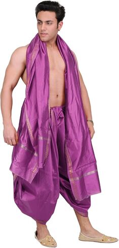 Dhoti and Angavastram Set with Golden Woven Paisley on Border in Saudi Arabia