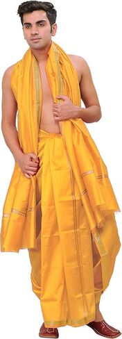 Dhoti and Angavastram Set with Golden Woven Paisley on Border in Saudi Arabia