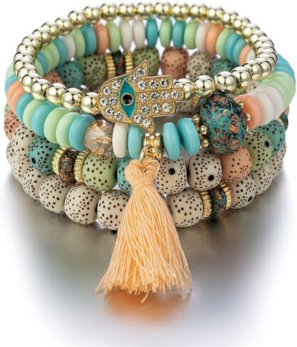 Caiyao البوهيمي عين الشر مطرز متعدد الطبقات سوار قابل للتكديس مجموعة متعددة الألوان بوهو أوجو سحر البذور همسة فاطمة اليد سحر شرابة مطرز سوار تمتد للنساء فتاة محظوظ حماية المجوهرات in Kuwait