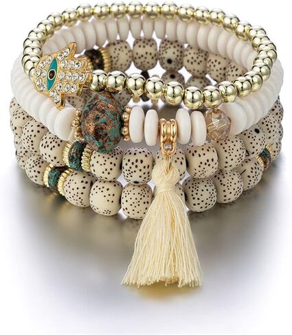 Caiyao البوهيمي عين الشر مطرز متعدد الطبقات سوار قابل للتكديس مجموعة متعددة الألوان بوهو أوجو سحر البذور همسة فاطمة اليد سحر شرابة مطرز سوار تمتد للنساء فتاة محظوظ حماية المجوهرات in Kuwait